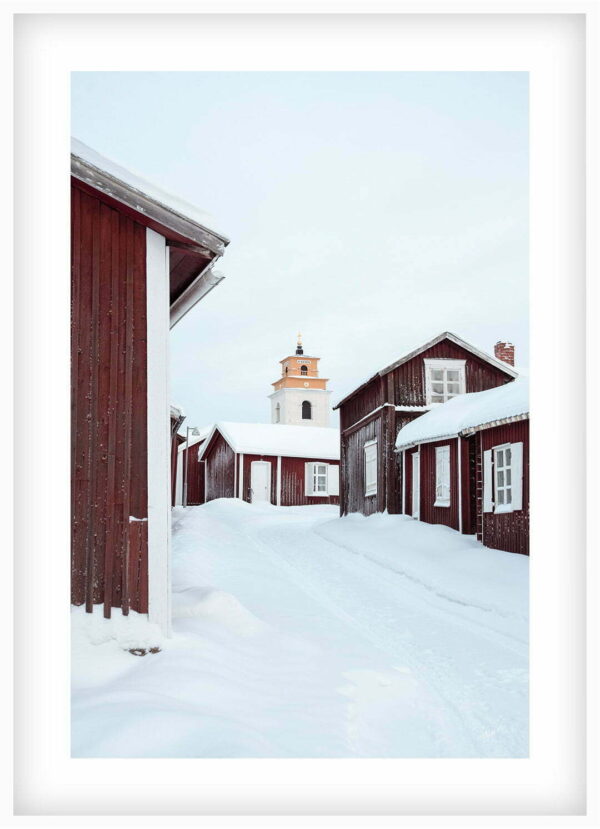 Jul och vinter i Gammelstad Kyrkstad Tavla 00126 vit ram Jul och vinter i Gammelstad Kyrkstad Tavla 00126 vit ram