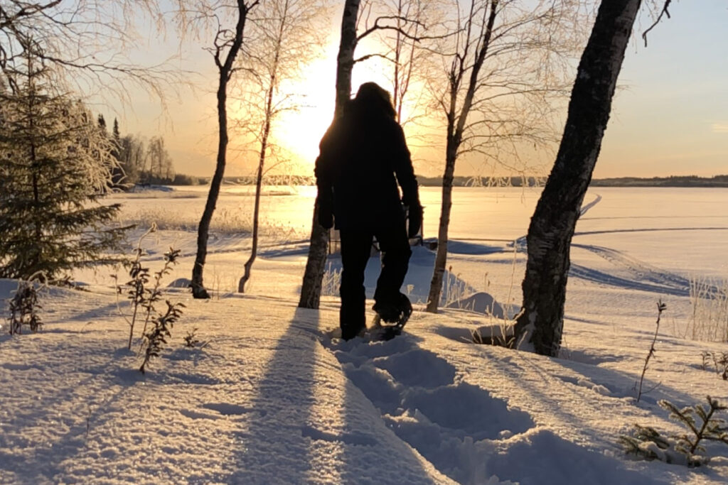 Snöskovandring en solig vinterdag i skärgården